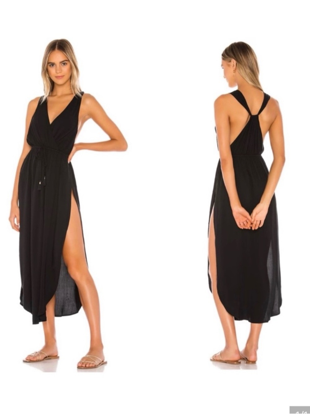 l*space Kenzie Black Gold V-Neck High-Slit Swim Coverup NEW